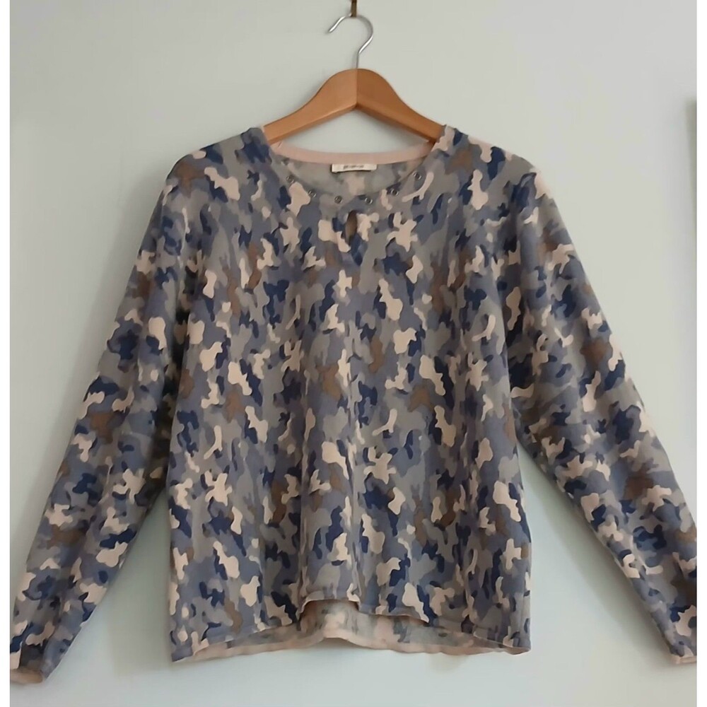 Devernois Paris Womens Blue Camouflage Sweater XL Wool Cashmere Made In France